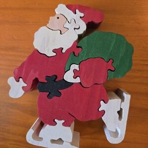 Vintage Dept 56 Wooden Double Sided‎ Skating Santa Puzzle EUC